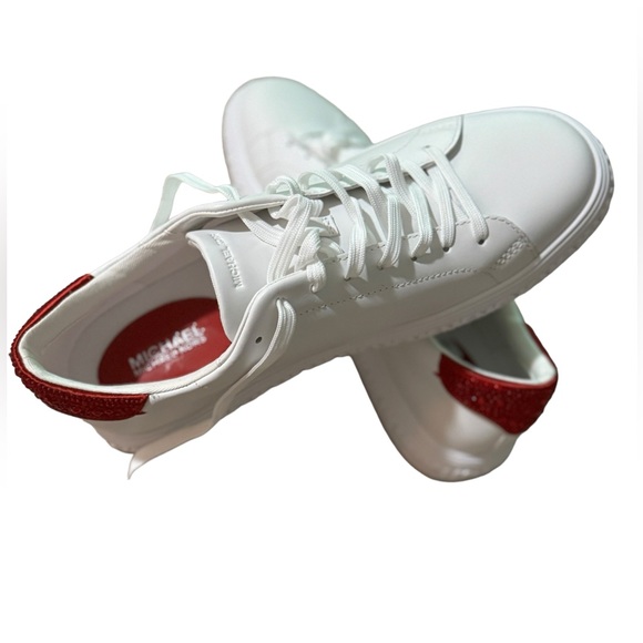 Michael Kors- Grove Embellished Leather sneakers in White Crisom/Red- Lace-up- 9 - Picture 6 of 14